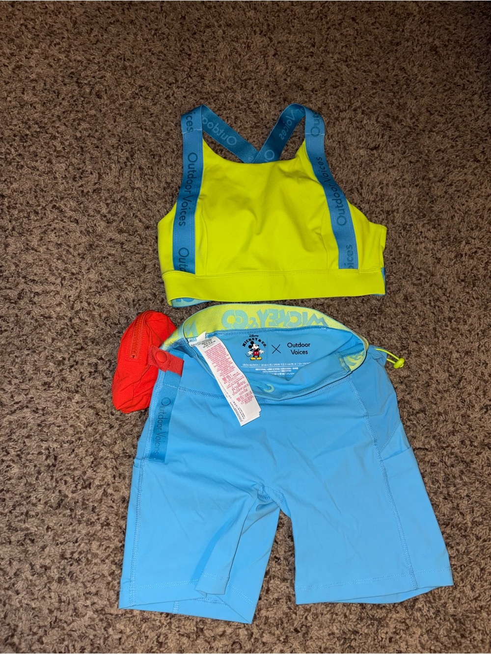 Disney Mickey & Co. Blue Sports Bra and Shorts with Neon Yellow Waistband Detail